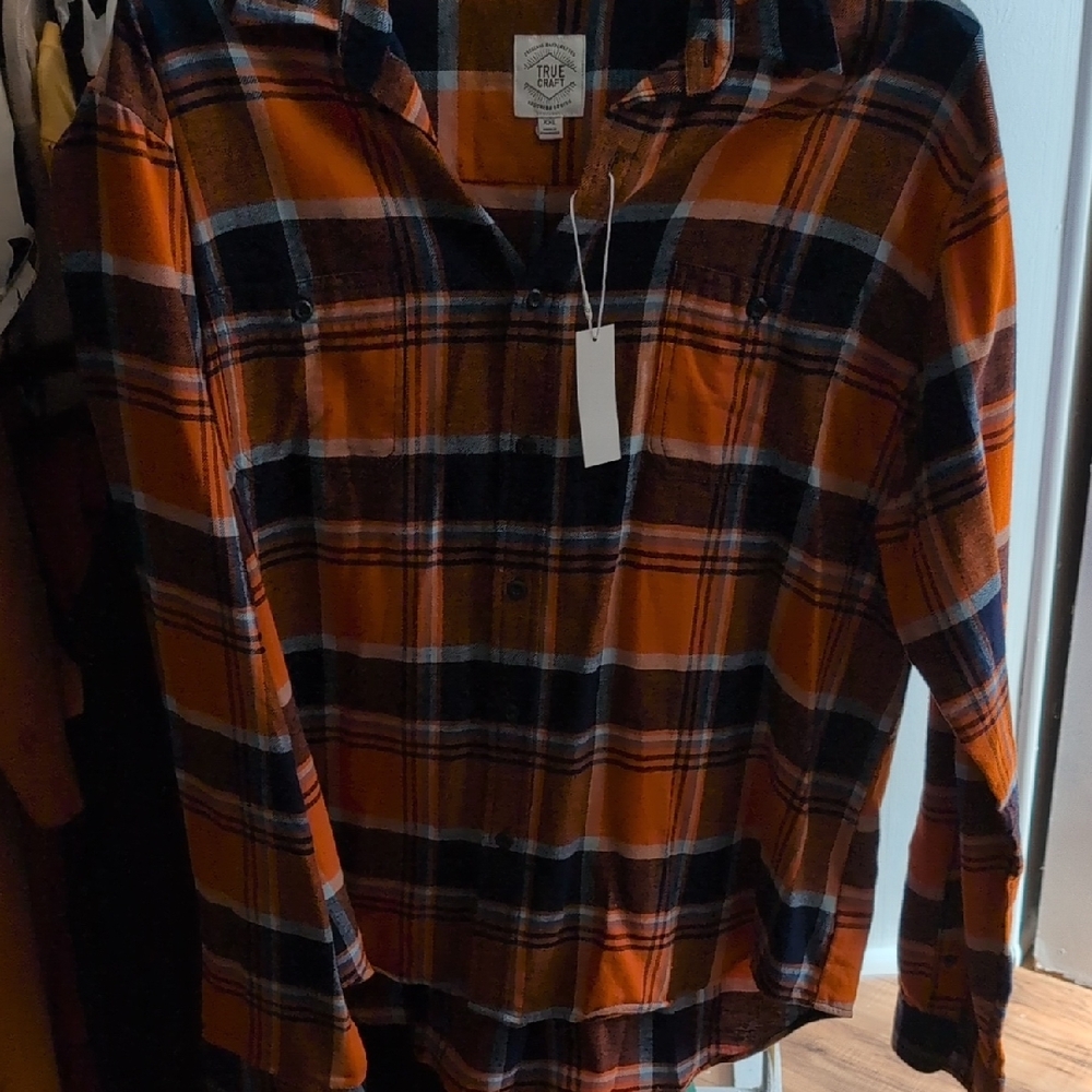 True Craft Orange and Blue Plaid Casual Button Down Shirt